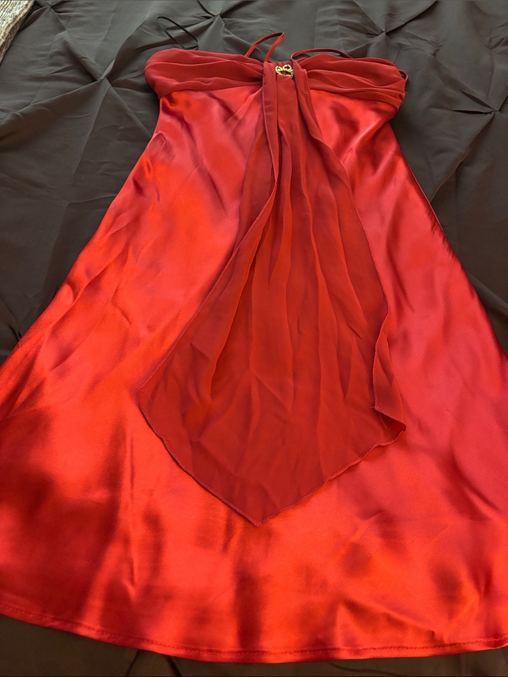 Red Satin Evening Dress with spaghetti straps.